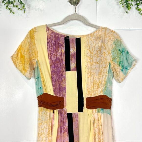 Anthropologie H by Helen Bullock Penelope Dress Silk Maxi sz 4 Abstract Yellow - Picture 3 of 16
